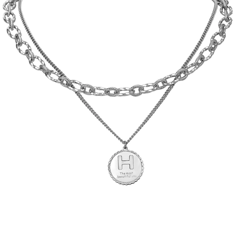 Collana Minimalista in Acciaio al Titanio a Doppio Strato Con Ciondolo a Lettera H per Donna Colore Argento Disco Rotondo Gioielli