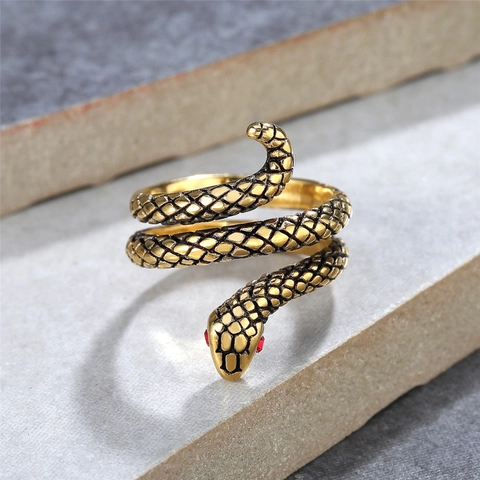 Vintage Titanium Steel Snake Ring For Men Women Gothic Punk Wrap Animal Adjustable Ring With Rhinestone Eye Jewelry Gift