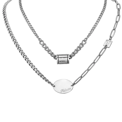 Collana a Doppio Strato in Acciaio al Titanio Catena Cubana a Graffetta Ciondoli a Cilindro con Piastra Rotonda Incisa da Donna Colore Argento