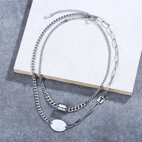 Collana a Doppio Strato in Acciaio al Titanio Catena Cubana a Graffetta Ciondoli a Cilindro con Piastra Rotonda Incisa da Donna Colore Argento