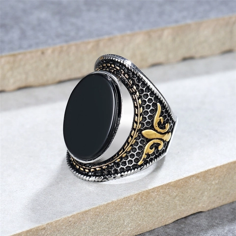 Vintage Stainless Steel Men Ring Large Oval Turquoise Black Onyx Fleur-de-lis Engraved Punk Biker Jewelry Finger Ring
