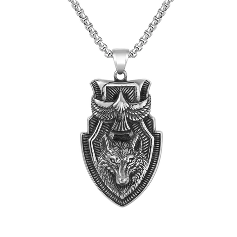 Collar con Colgante de Escudo de Águila y Lobo de Acero Inoxidable Vintage Joyería de Tótem Animal Retro para Hombres