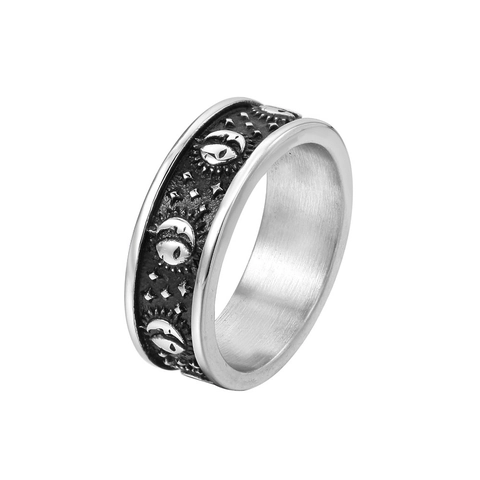 Anello a Fascia Vintage in Acciaio al Titanio Con Rilievo Sole Luna Stelle Argento Nero Punk Bohemien Uomo Donna