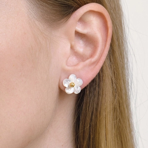 Floral Ring And Stud Earrings Jewelry Stainless Steel Gold Plated Mother Of Artificial Pearl Look Waterproof Elegant For Women