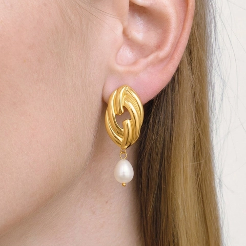 Orecchini a Goccia Ovali Torsadati in Acciaio Inossidabile Vintage Con Perla d'Acqua Dolce Placcato Oro Reale Gioielli Donna