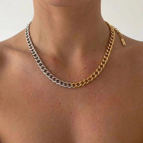 Collier Chaîne Cubaine En Acier Inoxydable Plaqué Or 18K Bicolore Grosse Maille Géométrique Style Ins Minimaliste Femmes