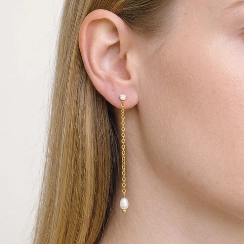 Pendientes Minimalistas De Cadena Larga Con Borla Acero Inoxidable Chapado En Oro Impermeable Perla Artificial Y Circonita Para Mujer