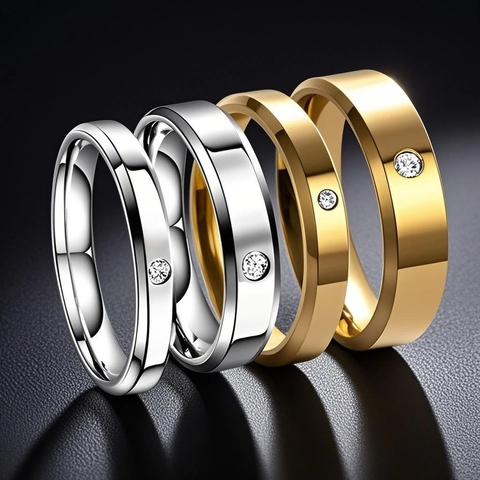 Anillo de Acero de Titanio con Circonia Chapado en Oro Oro Rosa Plata Anillo de Banda de Acero Inoxidable para Parejas Joyería de Moda