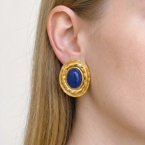 Vintage Oval Natural Stone Stud Earrings Stainless Steel Elegant Wavy Golden Textured Border Hypoallergenic For Women