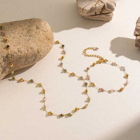 Collana E Bracciale In Pietra Naturale Smeraldo Gioielli In Acciaio Inossidabile Vintage Elegante Impermeabile Da Donna