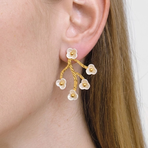 Pendientes De Botón Con Flor De Rama Con Textura Chapados En Oro De 18K Acero Inoxidable 304 Joyería Elegante