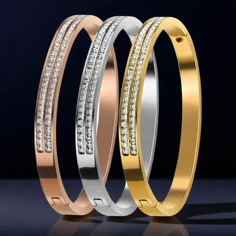 Bracelet Jonc de Luxe en Acier Titane avec Strass pour Femmes Bracelet Pavé Double Rangée Anti-Ternissement Bijoux Mode Haut de Gamme Style Ins