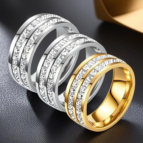Titanstahl Strass Ring Für Damen Gold Silber Roségold Galvanisiert Pave Reihen Diamant Eternity Band Mode Fingerring Schmuck