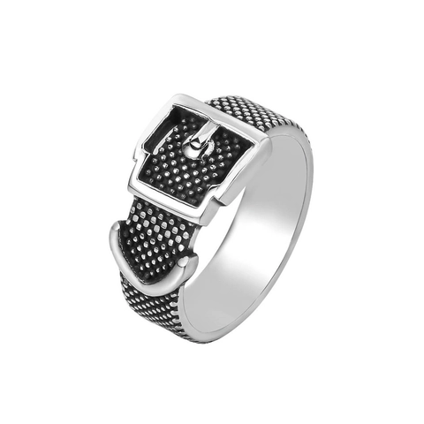 Anello in Acciaio al Titanio Vintage per Uomo Retro Punk Design a Fibbia di Cintura Trama Punteggiata Gioielli Regalo