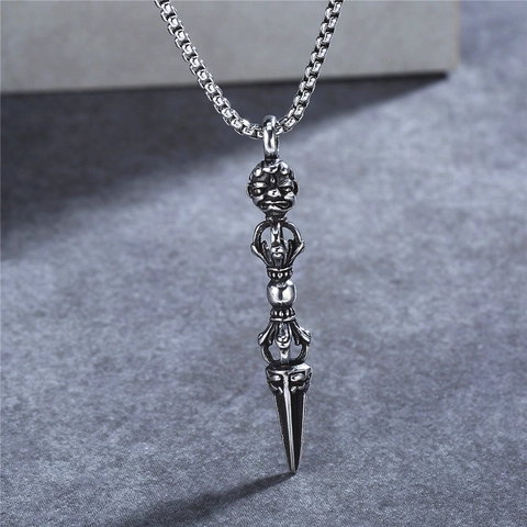 Vintage Stainless Steel Vajra Pestle Phurba Pendant Religious Wrathful Deity Face Gothic Punk Jewelry Men Pendant Only