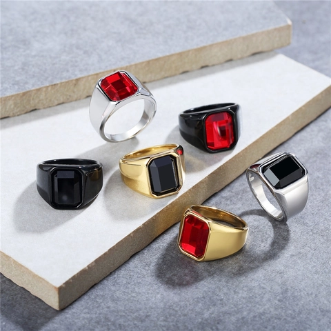 Vintage Herenring Van Titaniumstaal Met Rechthoekige Strass Edelsteen Gepolijste Brede Band Geometrische Sieraden Ring