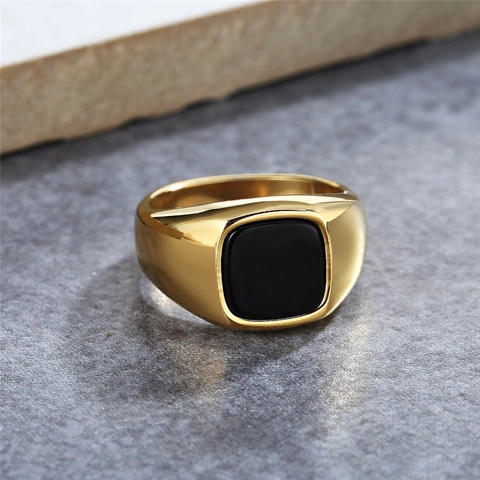 Anillo de Sello Minimalista de Acero de Titanio para Hombres Mujeres Piedra Negra Cuadrada Perla Artificial Pulido Cepillado Joyería de Moda