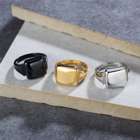 Minimalist Stainless Steel Square Signet Ring For Men High Polished Retro Plain Band Ring Black Gold Silver Jewelry