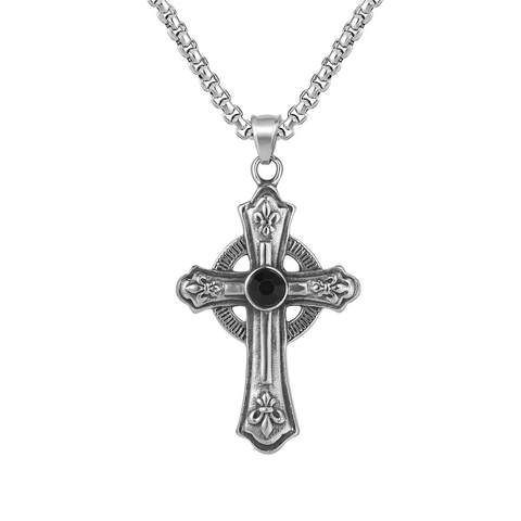 Vintage Gothic Celtic Cross Pendant Titanium Steel Necklace For Men With Black Rhinestone Retro Silver Jewelry Gift