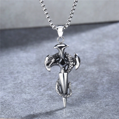 Vintage Gothic Snake Wrapped Sword Cross Pendant For Men Titanium Steel Antique Silver Rhinestone Dagger Necklace Pendant