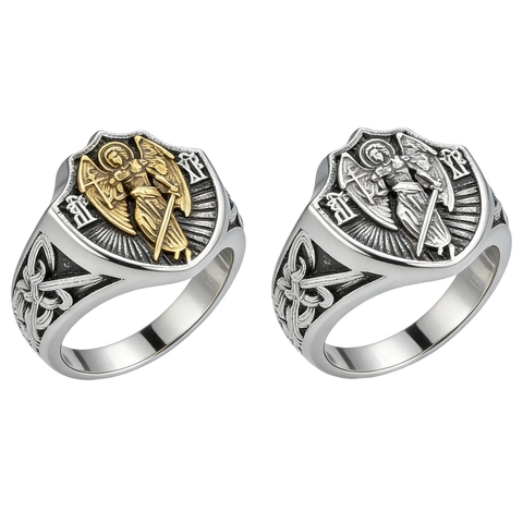 Anello Vintage in Acciaio al Titanio con Scudo dell'Arcangelo San Michele per Uomo Ali Gotiche Religiose Gioiello Punk