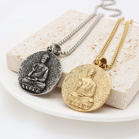 Pendentif Bouddha en Acier au Titane Vintage Pour Hommes Femmes Religieux Pendentif Rond en Relief Shakyamuni Seul Sans Chaîne