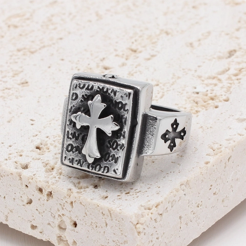 Anello Croce in Acciaio al Titanio Vintage per Uomo Gotico Religioso In God Rilievo Anello Sigillo Punk Biker Gioielli