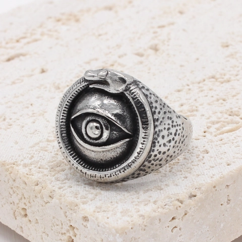 Vintage Titanium Steel Ring For Men Egyptian Pharaoh All Seeing Eye Ouroboros Snake Hammered Pattern Gothic Punk Jewelry