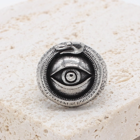 Vintage Titanium Steel Ring For Men Egyptian Pharaoh All Seeing Eye Ouroboros Snake Hammered Pattern Gothic Punk Jewelry