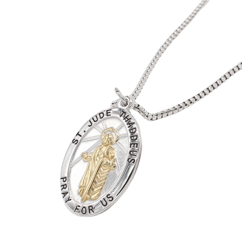 Ciondolo Religioso San Giuda Taddeo in Acciaio Inossidabile Vintage Bicolore Oro Argento Ovale Solo Ciondolo Senza Catena