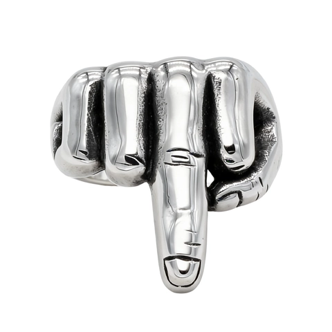 Punk Rock Middle Finger Gesture Ring For Men Titanium Steel Vintage Distressed Silver Hand Sign Ring Street Jewelry