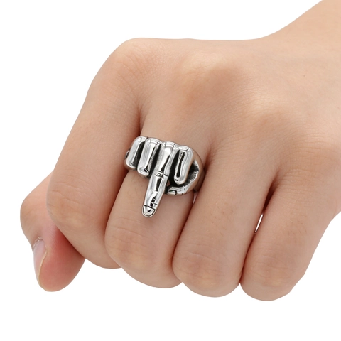 Punk Rock Middle Finger Gesture Ring For Men Titanium Steel Vintage Distressed Silver Hand Sign Ring Street Jewelry