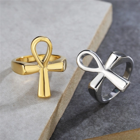 Anello Ankh Egiziano in Acciaio Inossidabile Croce della Vita Vintage Gioielli Religiosi Per Uomini Donne Oro Argento