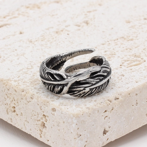 Anello in Acciaio al Titanio Vintage a Forma di Piuma Retrò Ossidato Colore Argento Anello Regolabile per Uomo Donna Gioielli