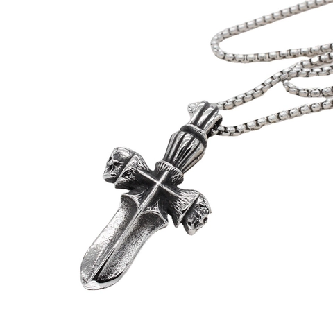 Retro Gothic Dagger Cross Skull Pendant For Men Titanium Steel Antique Silver Oxidized Punk Jewelry Pendant Only