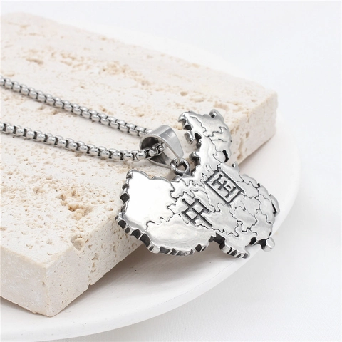 Vintage Titanium Steel China Map Pendant For Men Individual Retro Engraved Slogan Map Jewelry Accessory Pendant Only