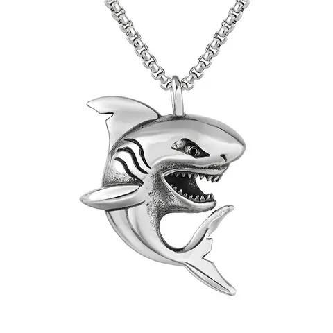 Punk Shark Pendant Necklace For Men Titanium Steel Retro Animal Jewelry Edgy Silver Color Shark Necklace Accessory