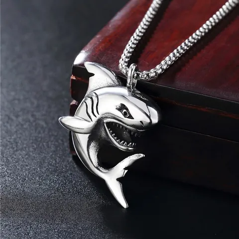 Punk Shark Pendant Necklace For Men Titanium Steel Retro Animal Jewelry Edgy Silver Color Shark Necklace Accessory