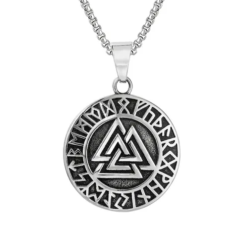 Viking Valknut Rune Circle Pendant Necklace Retro Titanium Steel Nordic Mythology Necklace Jewelry For Men Without Chain
