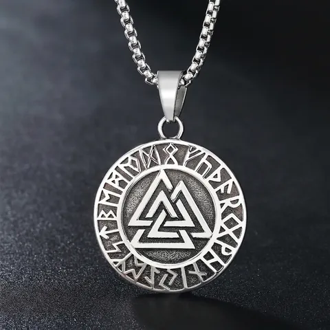 Viking Valknut Rune Circle Pendant Necklace Retro Titanium Steel Nordic Mythology Necklace Jewelry For Men Without Chain