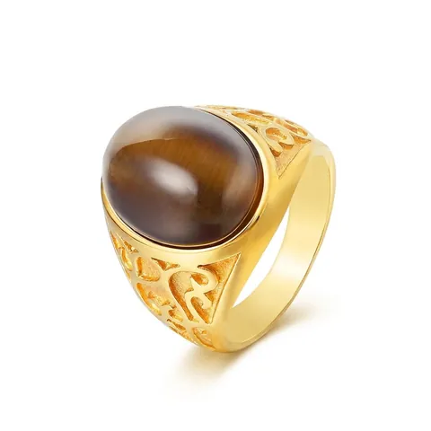 Vintage Stainless Steel Gold Plated Ring For Men Retro Oval Stone Inlaid Hollow Pattern Band Fashion Jewelry Finger Ring