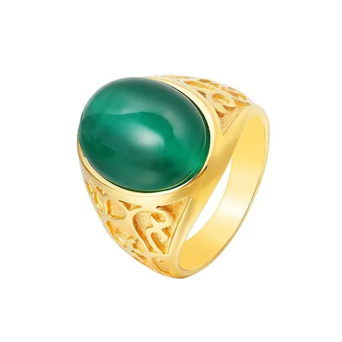 Vintage Stainless Steel Gold Plated Ring For Men Retro Oval Stone Inlaid Hollow Pattern Band Fashion Jewelry Finger Ring