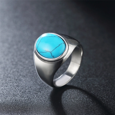 Vintage Stainless Steel Turquoise Ring For Men Women Retro Oval Blue Black Stone Punk Band Ring Biker Jewelry Gift