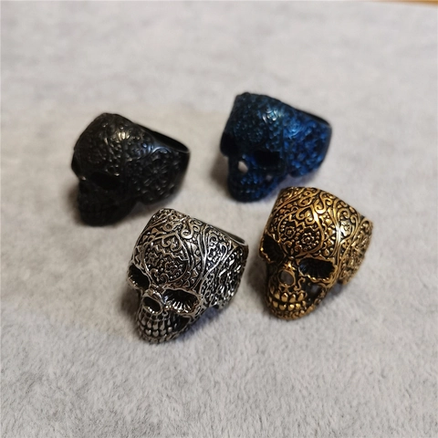 Anello Teschio Messicano Punk Gothic Vintage per Uomo in Acciaio al Titanio con Motivo Floreale Inciso Gioielli Rock Biker