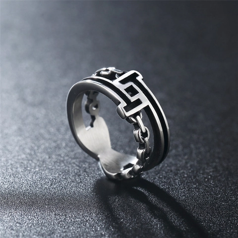 Anello Retrò in Acciaio Inossidabile a Catena per Uomo Donna Punk Cavo con Motivo Greca Argento Nero Gioielli Regalo