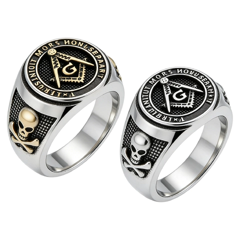 Anello Sigillo Massonico Uomo Acciaio al Titanio Teschio Ossa Incrociate Vintage Gotico Latino Inciso Retrò Gioielli Religiosi