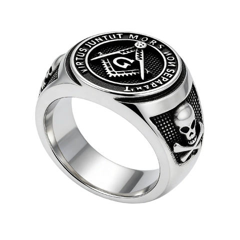 Anello Sigillo Massonico Uomo Acciaio al Titanio Teschio Ossa Incrociate Vintage Gotico Latino Inciso Retrò Gioielli Religiosi