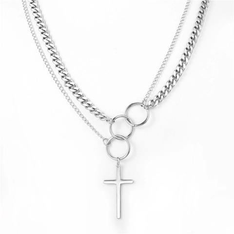 Hip Hop Style Silver Titanium Steel Double Layered Cross Pendant Necklace For Men Women Cool Punk Street Jewelry Neckpiece