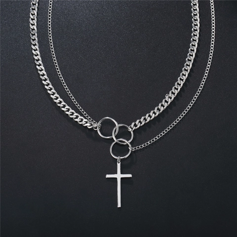 Hip Hop Style Silver Titanium Steel Double Layered Cross Pendant Necklace For Men Women Cool Punk Street Jewelry Neckpiece