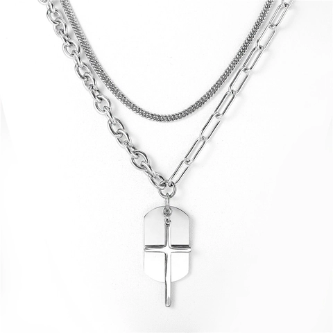 Collana Multistrato in Acciaio Inossidabile Uomo Donna Ciondolo a Croce e Piastrina Militare Gioielli Punk Rock Argento
